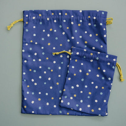 Gather & Knot Dot Gift Bags | Reusable Fabric Drawstring Bags | Large 20” & Small 12” | Premium Canvas Wrap for Birthdays, Showers & Gifting | Navy Painted Dots