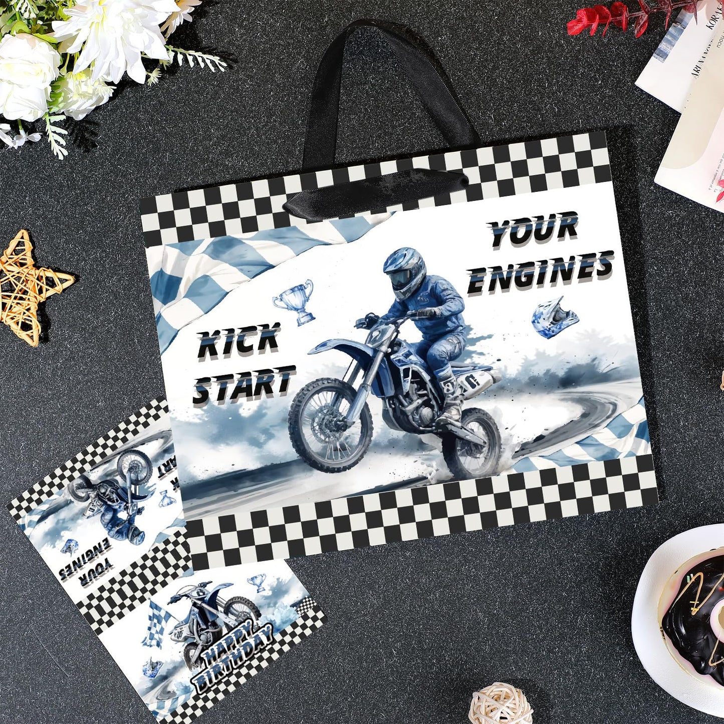 Yomaiha Dirt Bike Birthday Gift Bag for Boys Motocross Motorbike Wrapping Paper with Tissue Paper Greeting Card for Dirty Bike Birthday Party Decoration Supplies