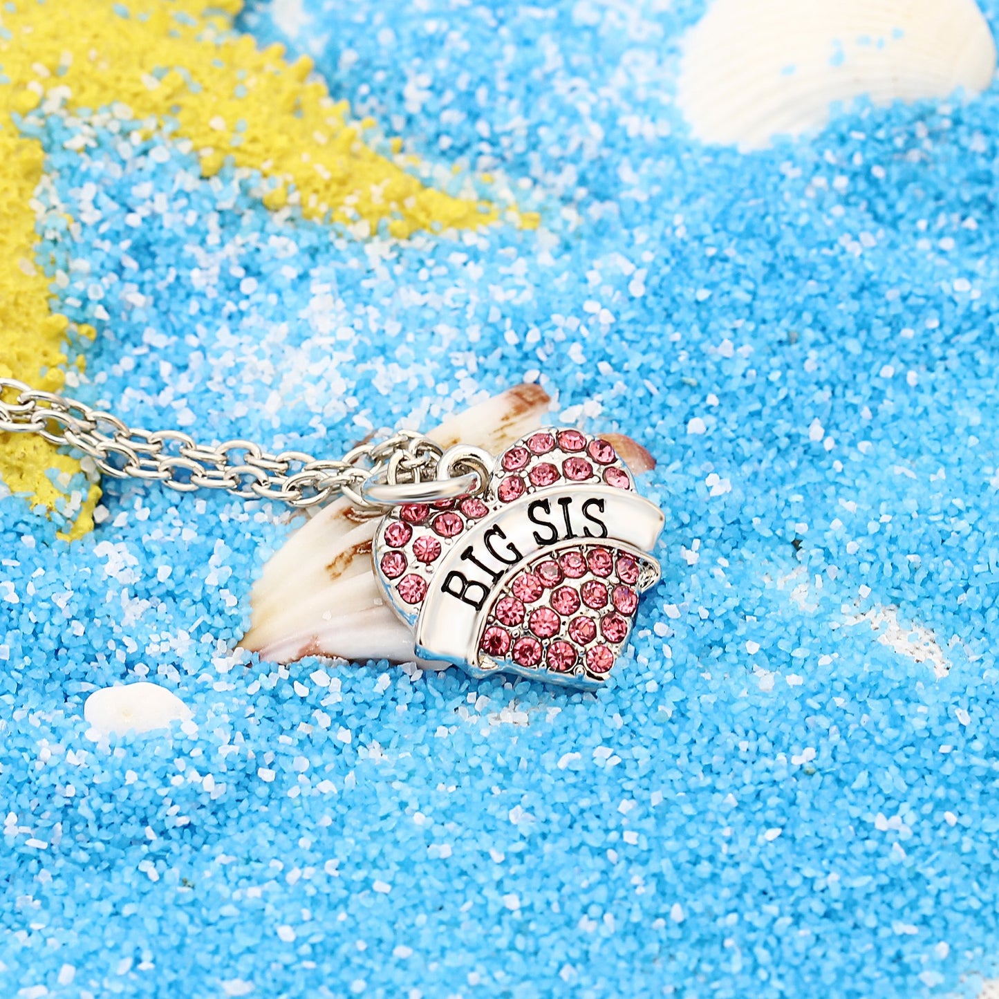 lauhonmin Family Jewelry Silver Alloy Pink Crystal Love Heart Big Sister Charm Pendant Necklace Women Gift