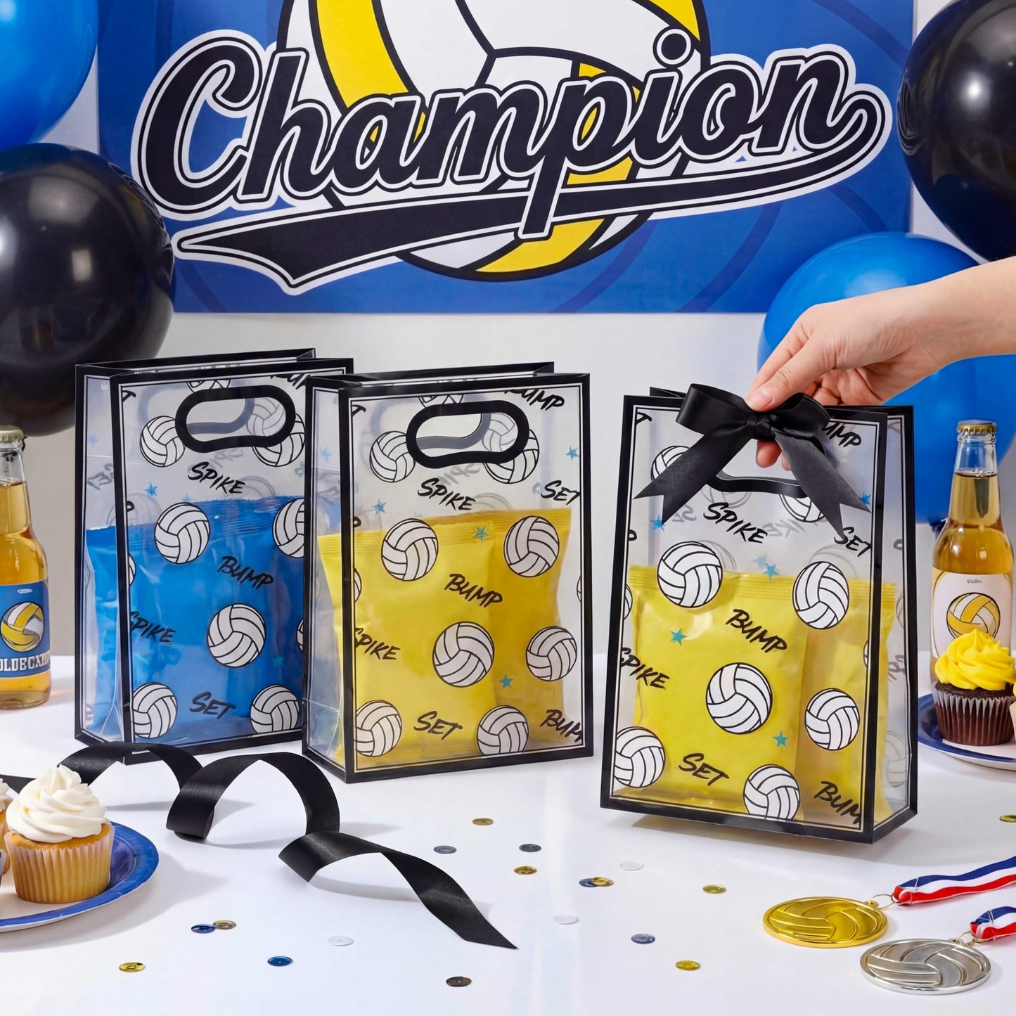 Aliceset 12 Pcs Volleyball Clear Goodie Bag with Die Cut Handles and Ribbons Volleyball Theme Party Favor Bags for Team Snack Gifts Wrapping Birthday Sport Party Treats Supplies, 7 x 10 x 3.15 Inch