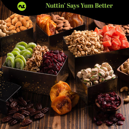 NUT CRAVINGS - Fathers Day Treats, Gift For Dad, Dried Fruit & Mixed Nuts Gift Basket, Black Tower + Heart Ribbon (12 Assortments) Food Arrangement, Healthy Snack Care Package, Kosher