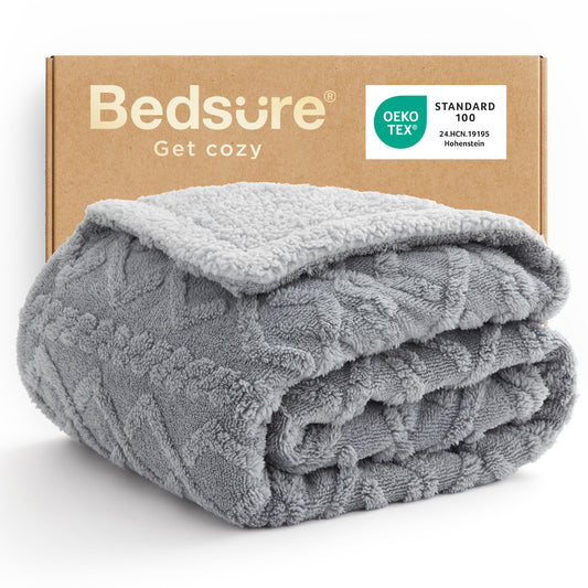 Bedsure Gentlesoft Sherpa Fleece Throw Blanket for Couch - Fluffy & Cozy Cable Jacquard Tufted Throw Gifts for Women and Decor, Thick and Warm Blankets for Winter, Grey, 50x60 Inches