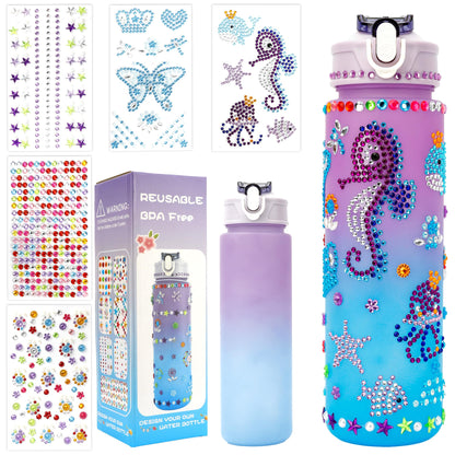 Decorate Your Own Water Bottle Kit for Girls 4-12 Girls Water Bottle Gem Stickers DIY Arts and Crafts Kits Supplies 5 6 7 8 9 10 Year Old Girl Easter Birthday Gifts Easter Basket Stuffers Purple