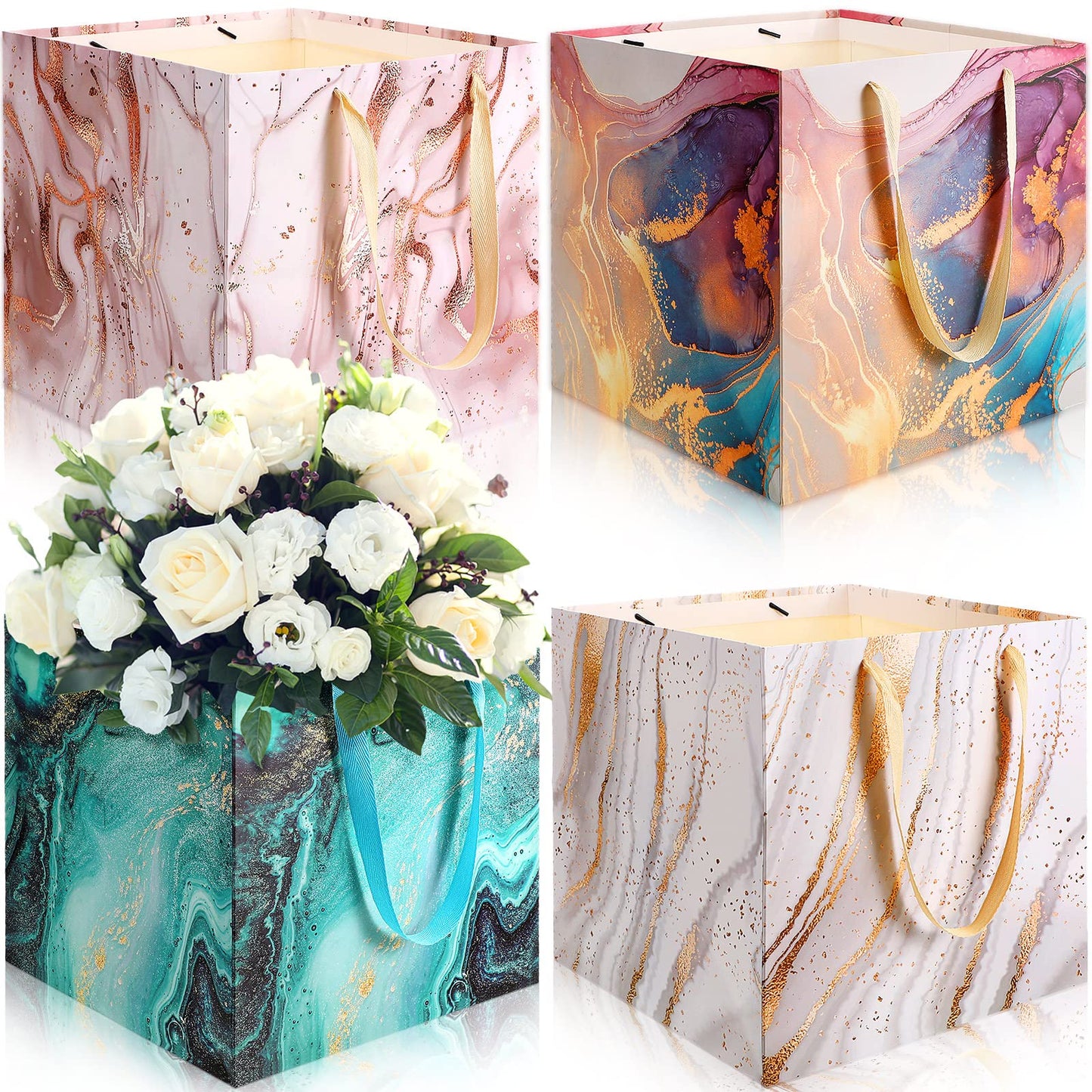 Teling 4 Pcs Extra Large Gift Bag, 11.8 Inch Square Marble Large Wedding Huge Birthday Paper Gift Bag with Handles for Party Holiday Bridal Engagement Present