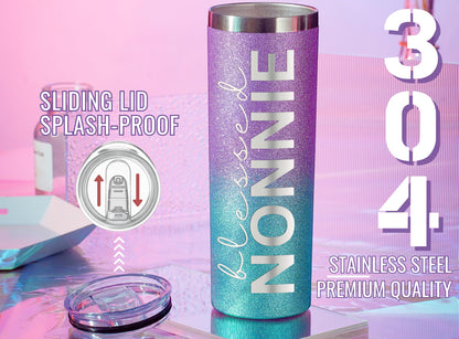 Onebttl Nonnie Gifts for Grandma's Mother's Day, 20oz Purple & Blue Glitter Skinny Tumbler, Straw & Lid Included, Christian Gifts for Blessed Nonnie