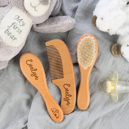 Custom Wooden Baby Brush set, Optional Icons and Fonts, Personalized Wooden Baby Brush and Comb Set, Personalized Baby Gifts, Baby Shower Gift Girls, Boy