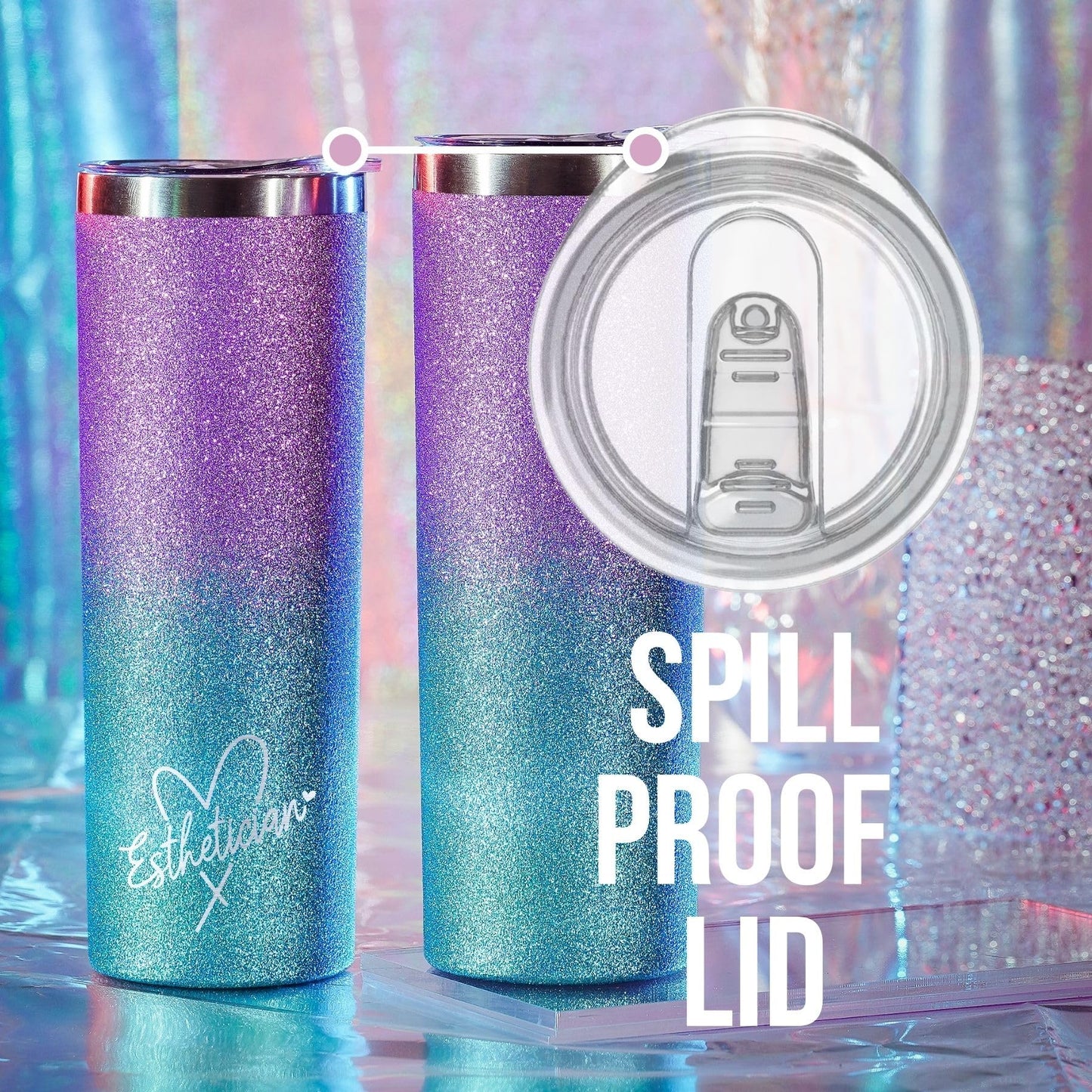 Onebttl Esthetician gifts for Women, Esthetician Decor, 20 oz Insulated Stainless Steel Tumbler with Straw Lid - Glitter Blue-Purple