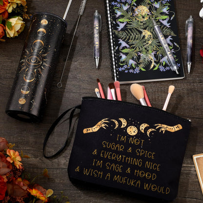 FoldTier 6 Pcs Gothic Witch Gift 1 Moon Phase Tumbler with Lids and Straw 1 Witchy Makeup Bag & 1 Journal Notebook 3 Inspirational Ballpoint Pens Xmas Witchcraft Lover Gift for Women Friends