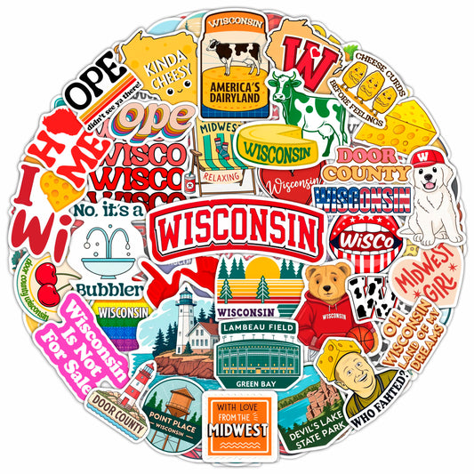 100Pcs Wisconsin Stickers and Decals for Water Bottle, Laptops, for Luggage - Wisconsin Gifts, Party Supplies - Gift for Women & Men