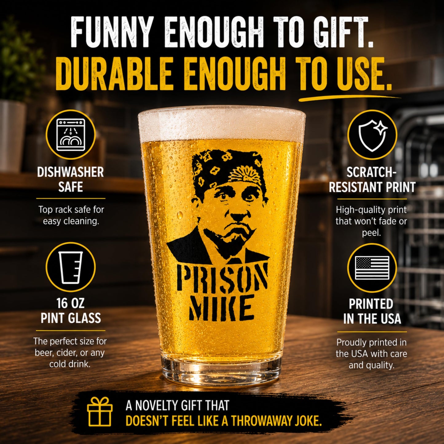 Prison Mike Funny Beer Glass - The Office Merchandise - 16 Oz, Scratch-Resistant Funny Pint Glass - Perfect Stocking Stuffers, Gag Gifts, Birthdays, or Father’s Day - Printed in the USA