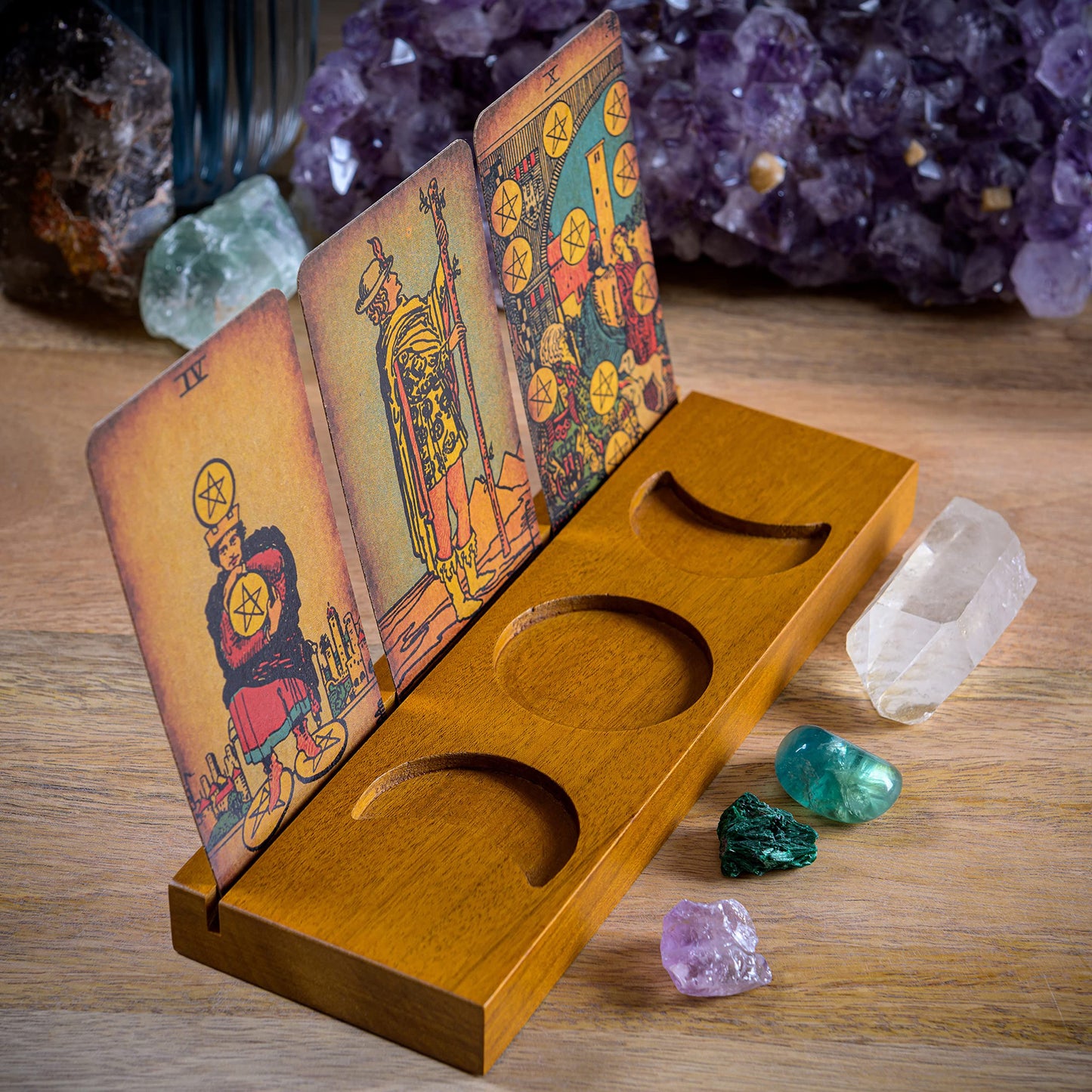 Tarot Card Holder Stand - Display Your Daily Draw - Witchy Gifts for Women, Tarot Accessories, Wiccan Altar Supplies, Witchcraft Decor, Divination Tools - 3-Card Stand with Etched Moon