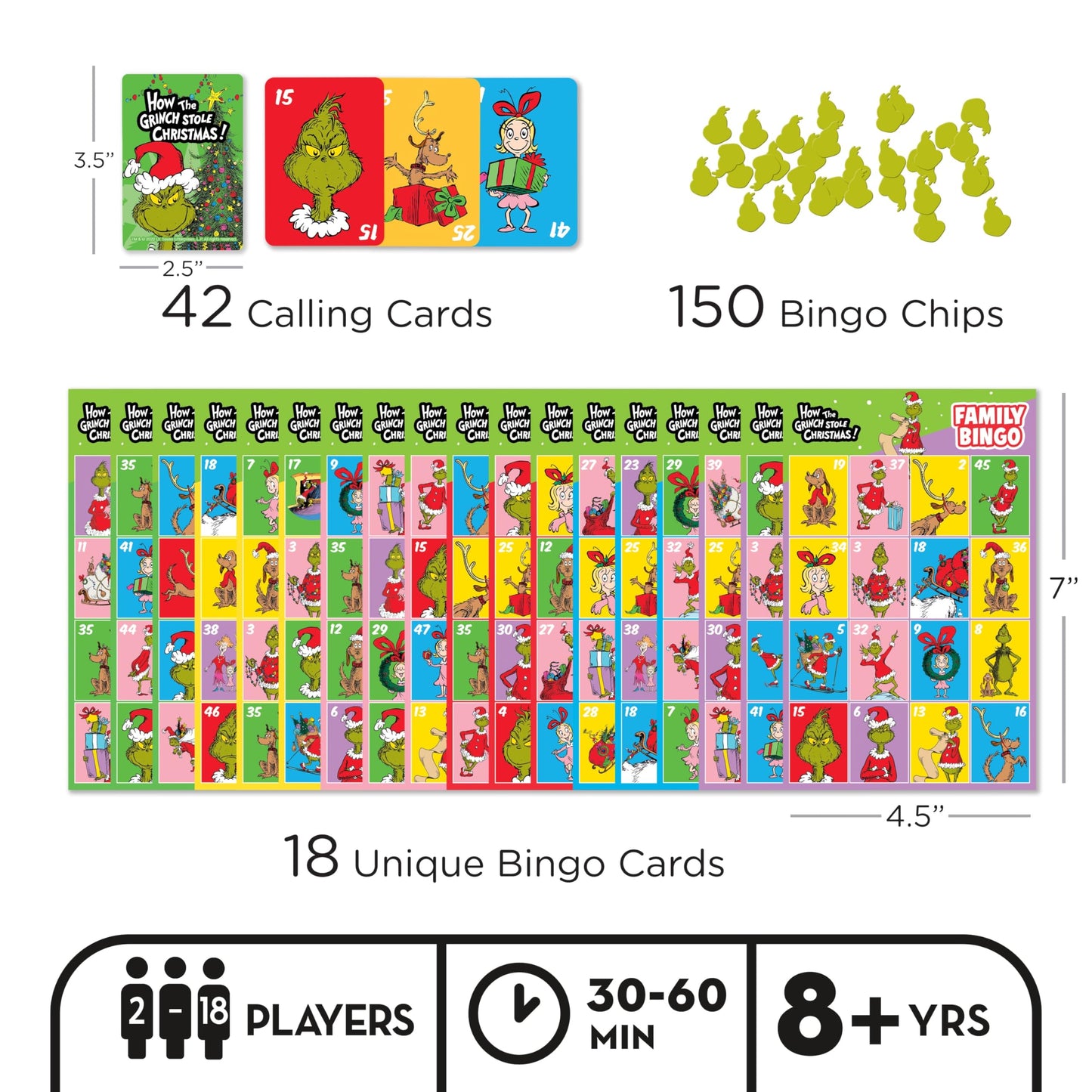 Aquarius Grinch Family Bingo Game - Officially Licensed Christmas Party Game Ages 8+, 2-18 Players - for Kids, Teens, Adults, and Families