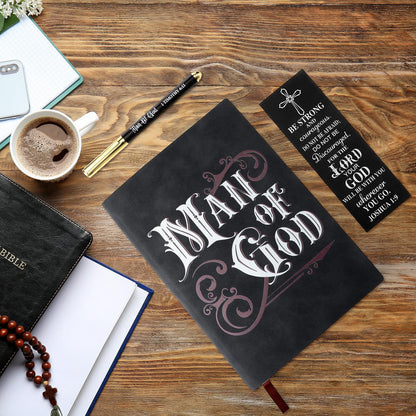 Fuyoooo 4 Pcs Christian Gifts for Men Father's Day Pastor Appreciation Gifts Vintage Leather Hardcover Notebook 1 Timothy 6:11 Religious Bible Verse Pen Joshua 1:9 Bookmark & Box(Man of God,Black)