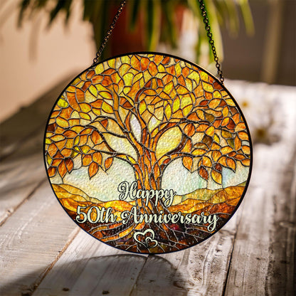 50th Wedding Anniversary Faux Stained Glass Suncatcher, 50 Years of Maried Anniversary Ornament, Golden Anniversary Window Hanging, Tree of Life Keepsake Suncatcher
