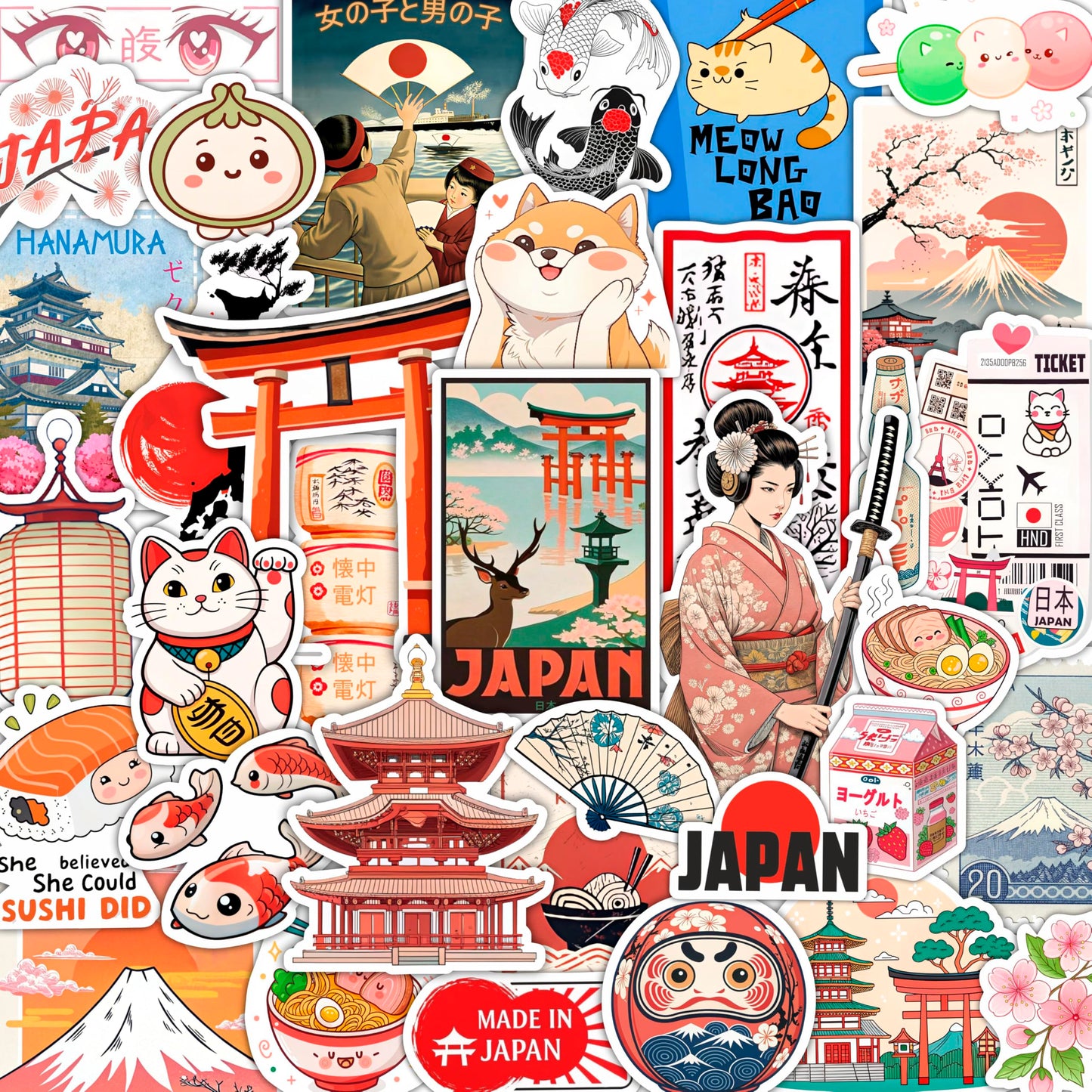 100Pcs Japanese Stickers, Japan Stickers for Scrapbooking - Japan Party Decorations - Japanese Gifts - Gift for Women & Men
