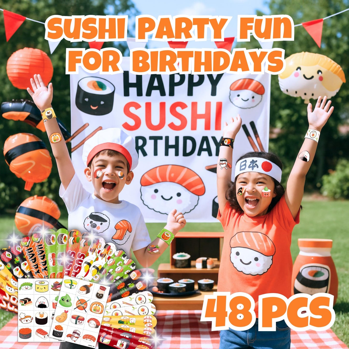 48PCS Sushi Party Set - 24PCS Temporary Pre - cut Tattoos & 24PCS Slap Bracelets - Fun Food-Themed Birthday Supplies, Baby Shower Gifts, Classroom Rewards & Party Decor for Kids (Boys & Girls)