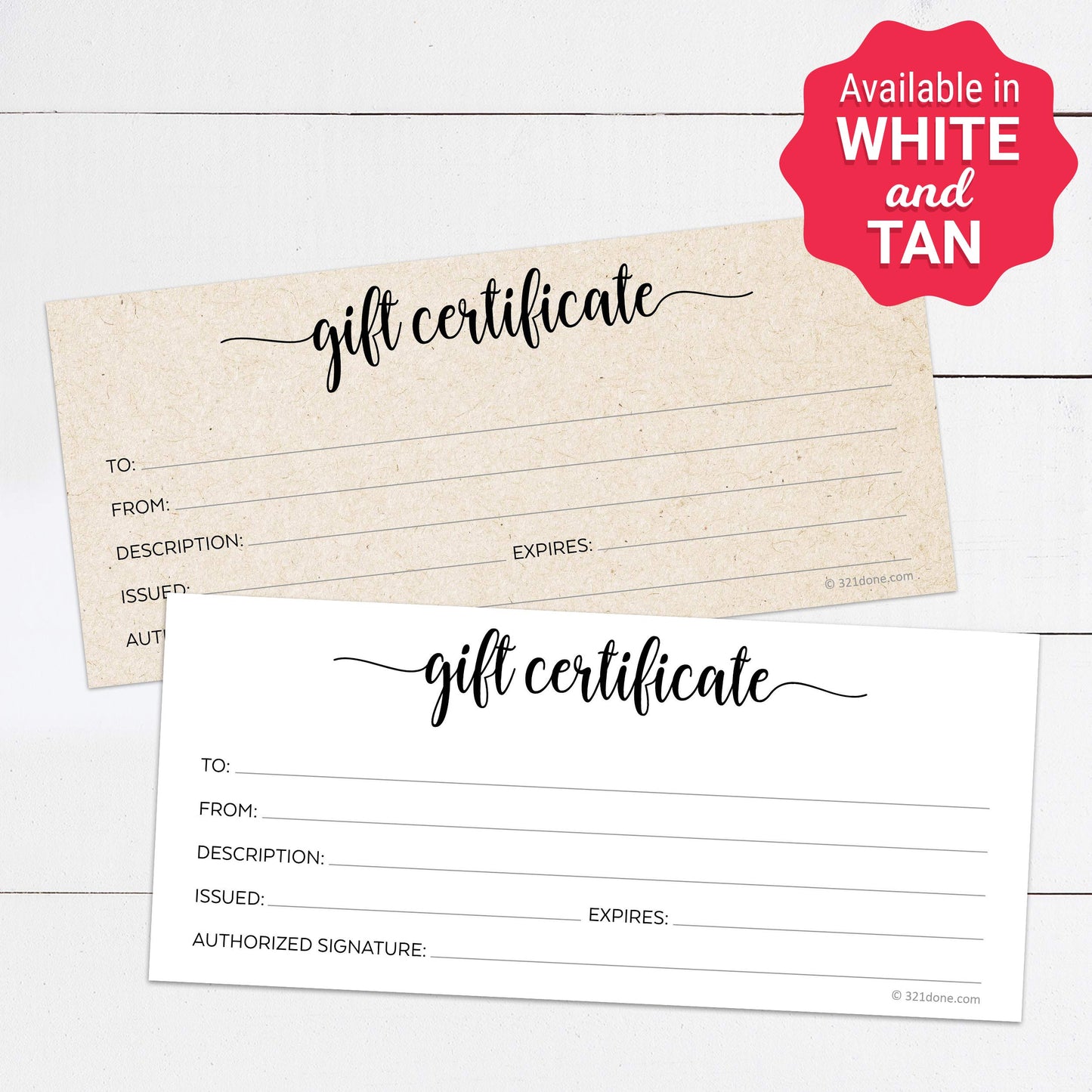 321Done Rustic Gift Certificates (Pack of 24 with Envelopes) 4x9 Inches Blank Kraft Tan Minimalist for Small Business, Holiday, Christmas Voucher, Spa, Salon - Made in USA