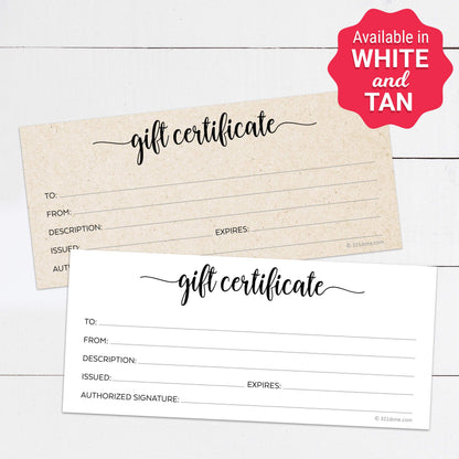 321Done Rustic Gift Certificates (Pack of 24 with Envelopes) 4x9 Inches Blank Kraft Tan Minimalist for Small Business, Holiday, Christmas Voucher, Spa, Salon - Made in USA