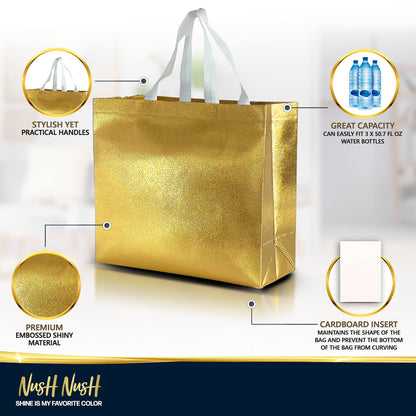 Nush Nush Large Gold Reusable Gift Bags With Handles - Set of 15, Bulk, Christmas, Birthday, Party Favor Bags - 13Wx5Dx11H