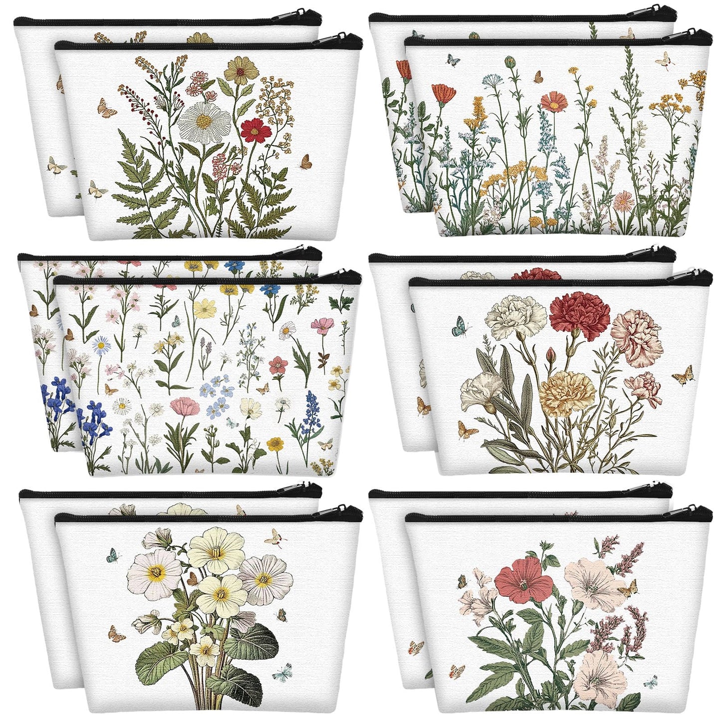 Sweetude 12 Pcs Spring Flowers Makeup Bag Bulk Portable Travel Cosmetic Bags with Zipper Wildflower Floral Waterproof Roomy Travel Beauty Toiletry Organizer Storage Pouch for Women Spring Gifts