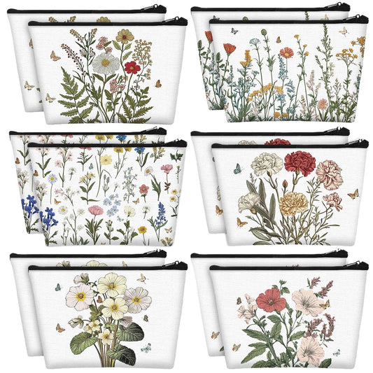 Sweetude 12 Pcs Spring Flowers Makeup Bag Bulk Portable Travel Cosmetic Bags with Zipper Wildflower Floral Waterproof Roomy Travel Beauty Toiletry Organizer Storage Pouch for Women Spring Gifts