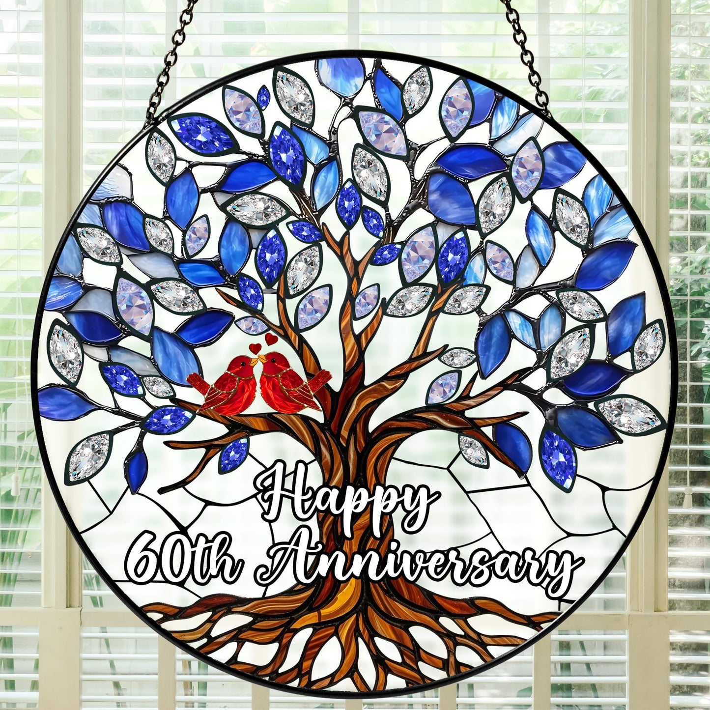 60th Wedding Anniversary Stained Glass Suncatcher, 6x6' Diamond Anniversary Decorations, 60th Celebration Marriage Gifts for Parents, Couple, Wife & Husband, 60 Wedding Milestone Keepsake