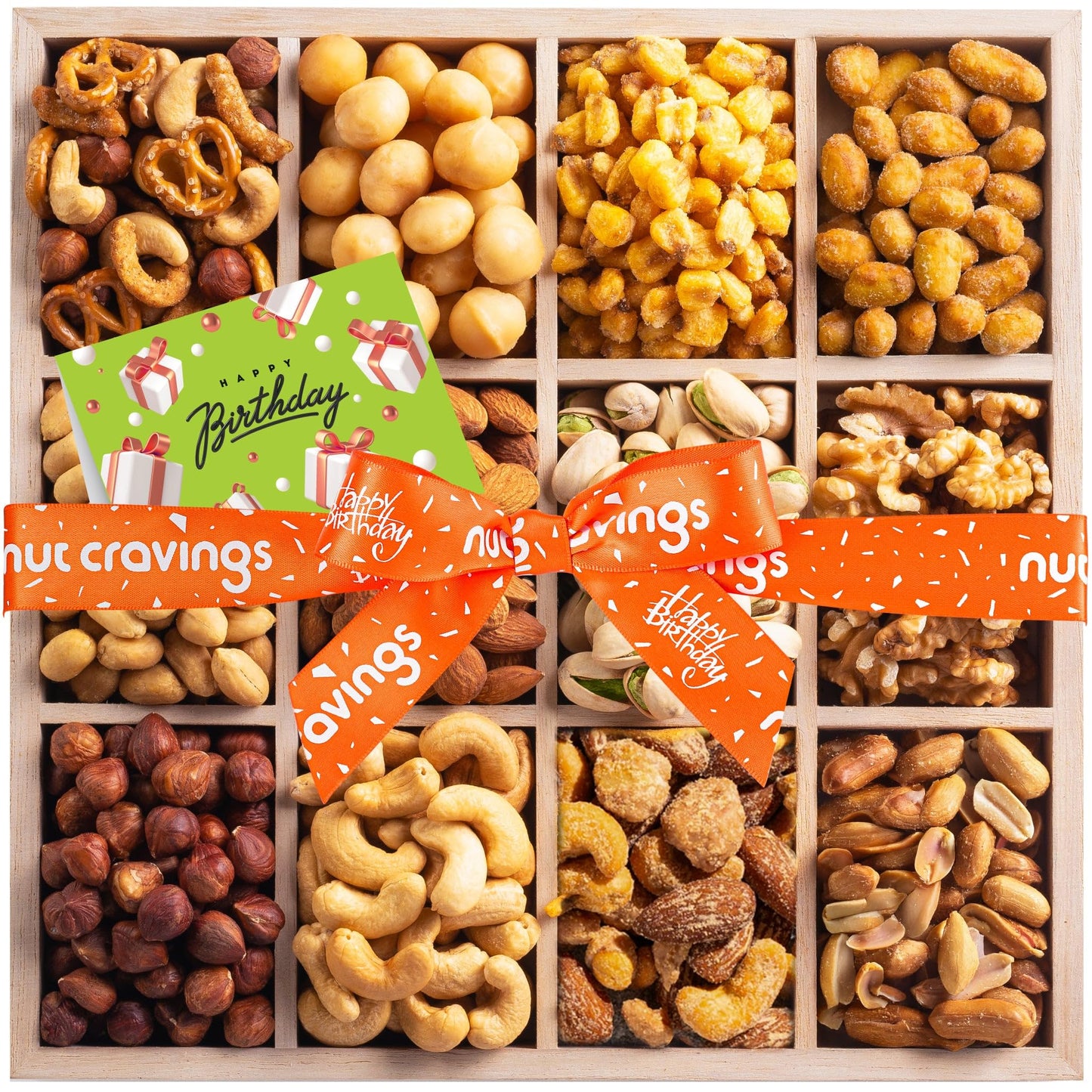 NUT CRAVINGS Gourmet Collection - Happy Birthday Treats, Nuts Gift Basket with Bday Ribbon in Reusable Wooden Tray (12 Assortments) Food Arrangement, Healthy Snack Care Package, Food Assortments