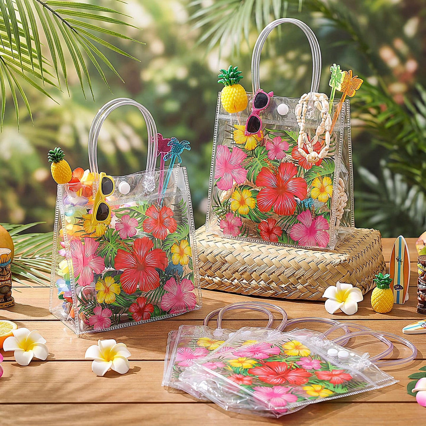 Kolldenn 12 Pcs Hawaiian Day Clear Gift Bags Hibiscus Luau Gift Bags with Handle Floral Tote Goodie Handbags for Summer Beach Pool Birthday Bridal Shower Party Favors, 6.31 x 5.91 x 3.15 Inch