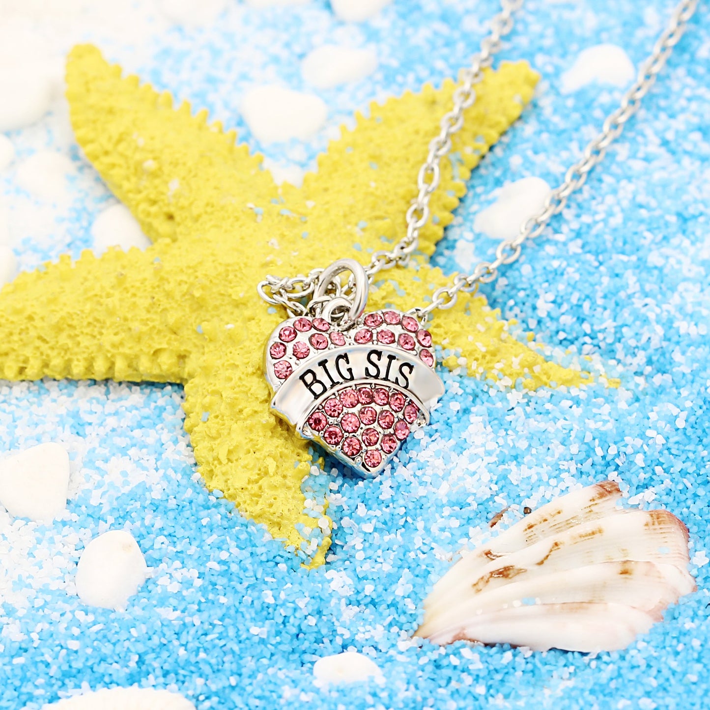 lauhonmin Family Jewelry Silver Alloy Pink Crystal Love Heart Big Sister Charm Pendant Necklace Women Gift