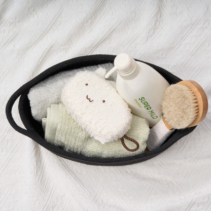 Small Woven Gift Basket Empty with Bag & Ribbon - Gifts for Mom, Baby Shower, Birthdays & Raffle - Cotton Rope Storage Basket for Dog Toys or Shelf - 12"x8"x5", Black