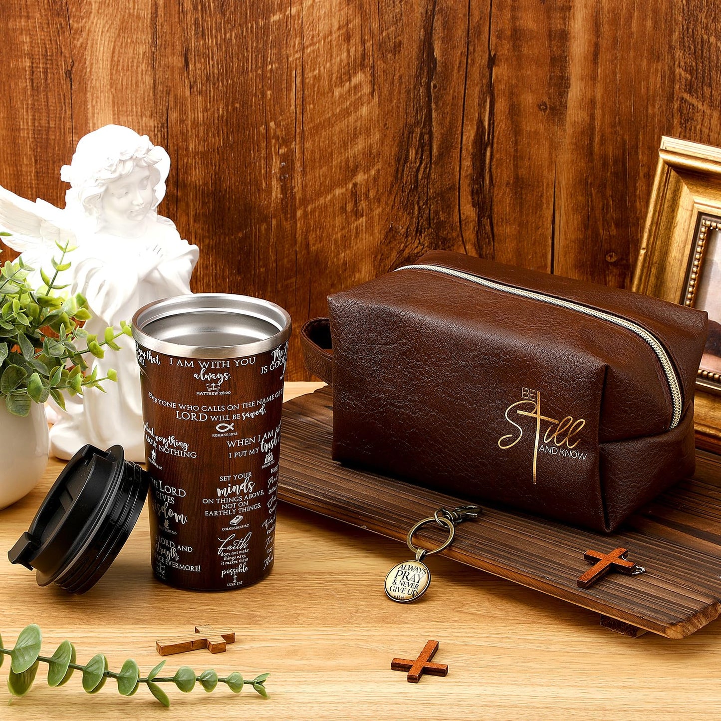 Roshtia 3 Pcs Christian Gifts for Men God Father Appreciation Gifts Bible Faith 20oz Stainless Steel Tumbler with Lid Straw Religious Leather Toiletry Bag Keychain for Birthday Father Day Dad Husband