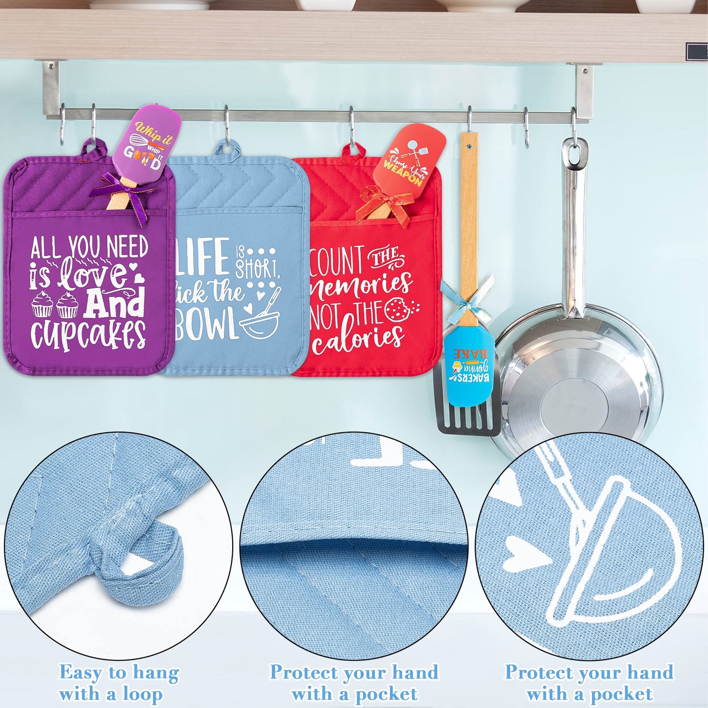 R HORSE 6Pcs Funny Baking Theme Pot Holders Silicone Spatula Gift Set Thank You and Teacher Appreciation Pot Holders Resistant Oven Mitts Baking Cooking Pocket Potholders for End of The Year Teacher