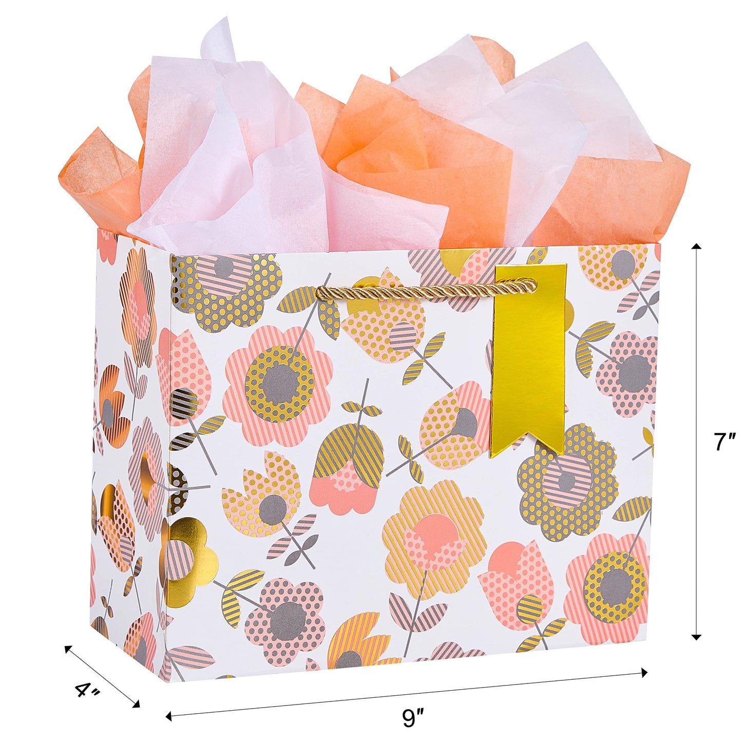 SUNCOLOR 2-Pack 9 Inch Flower Gift Bags with Tissue Paper, Floral Gift Bags for Mother's Day Birthday Bridal Shower Easter