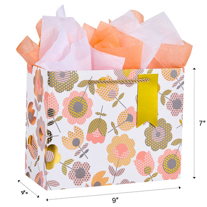 SUNCOLOR 2-Pack 9 Inch Flower Gift Bags with Tissue Paper, Floral Gift Bags for Mother's Day Birthday Bridal Shower Easter