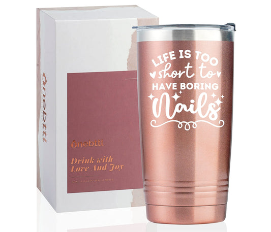 Onebttl Funny Nail Tech Gifts, Nail Tech Must Haves - Life If Too Short To Have Boring Nails - 20oz Stainless Steel Mug with Lid and Straw - Rose Gold