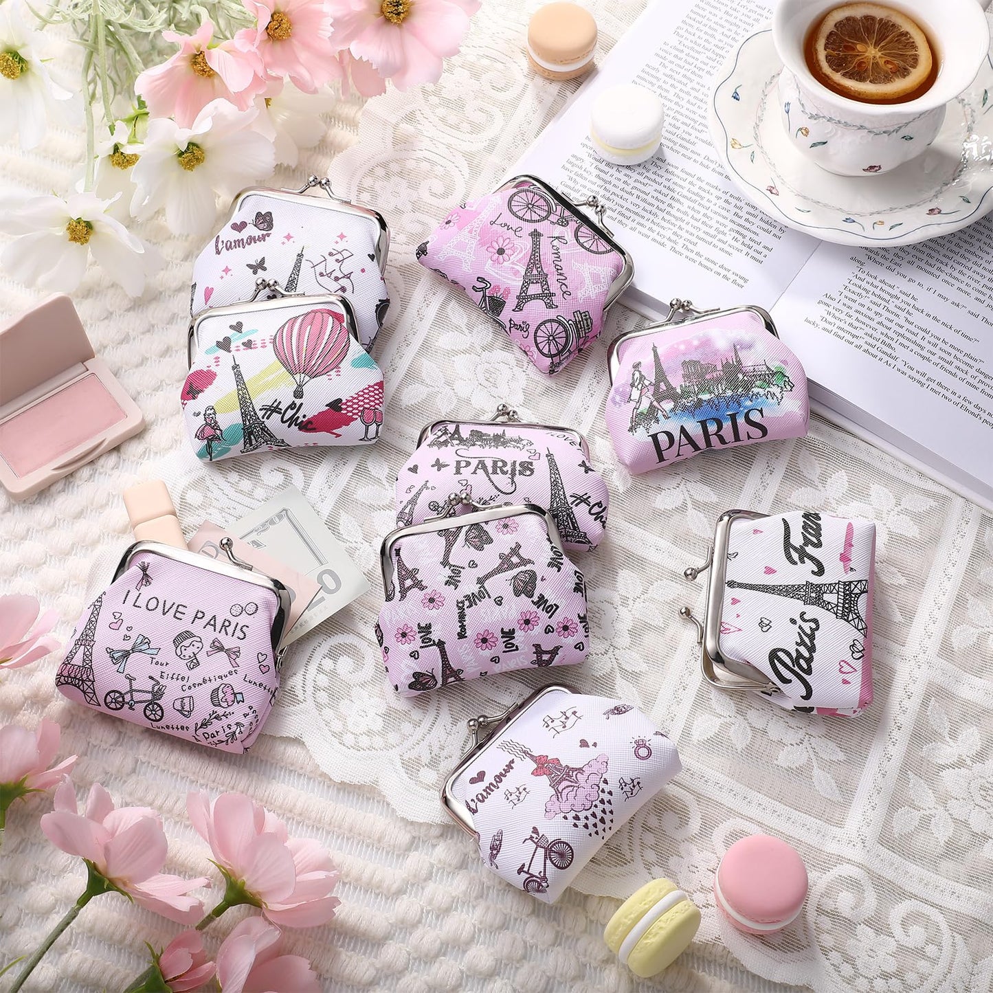 9 Pcs Paris Souvenir Coin Purse Bulk for Women Souvenirs Gifts Change Wallet City Travel Vintage Kiss Lock Change Purses Bulk for Ladies Women Mother Teacher