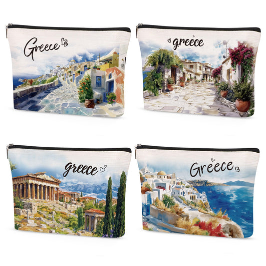 4 Pcs Greece Makeup Bags Gifts for Women, Greece Souvenirs City Themed Gifts Cosmetic Bag, Travel Gifts for Girls Besties Best Friend Bff Sister Daughter