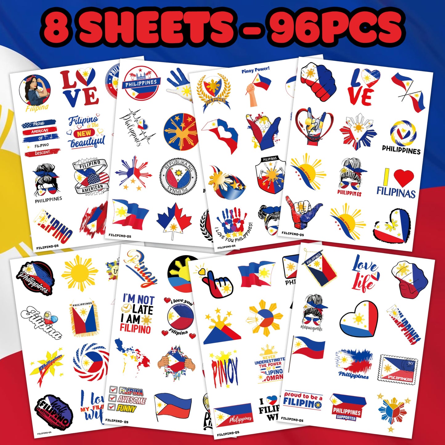96 PCS Philippines Flag Temporary Tattoos for Kids - Pre-Cut Filipino Sun & Stars Fake Tattoo Stickers for Birthday Party Favors, Carnival Rewards & Pride Decorations, Gifts For Boys Girls