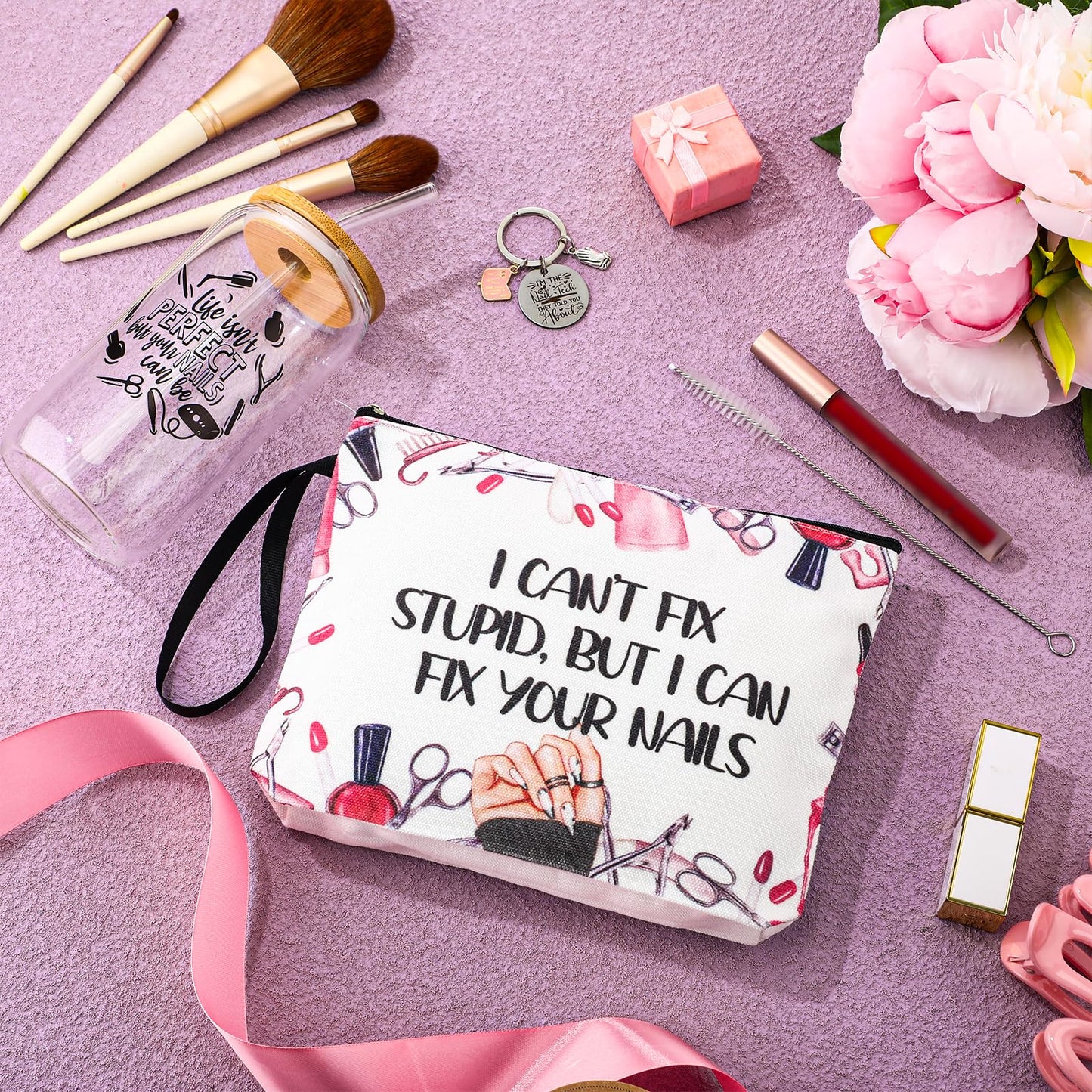 Shinylin 3 Pcs Nail Tech Gifts Set for Women 1 Glass Tumbler with Lids and Straw 1 Travel Makeup Bag 1 Novelty Keychain Manicurist Gifts for Birthday Graduation
