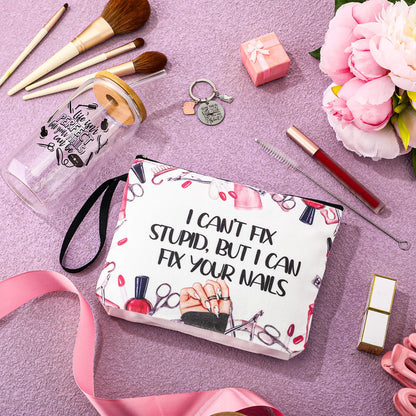 Shinylin 3 Pcs Nail Tech Gifts Set for Women 1 Glass Tumbler with Lids and Straw 1 Travel Makeup Bag 1 Novelty Keychain Manicurist Gifts for Birthday Graduation