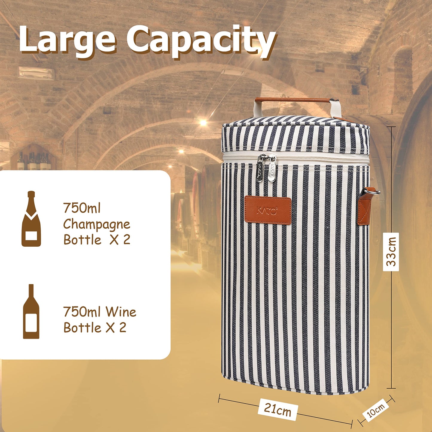 Tirrinia 2 Bottle Insulated Wine Tote Carrier - Leakproof, Padded Cooler Bag for Travel, BYOB, Tasting, Parties - Great Gift for Wine Lovers, Striped