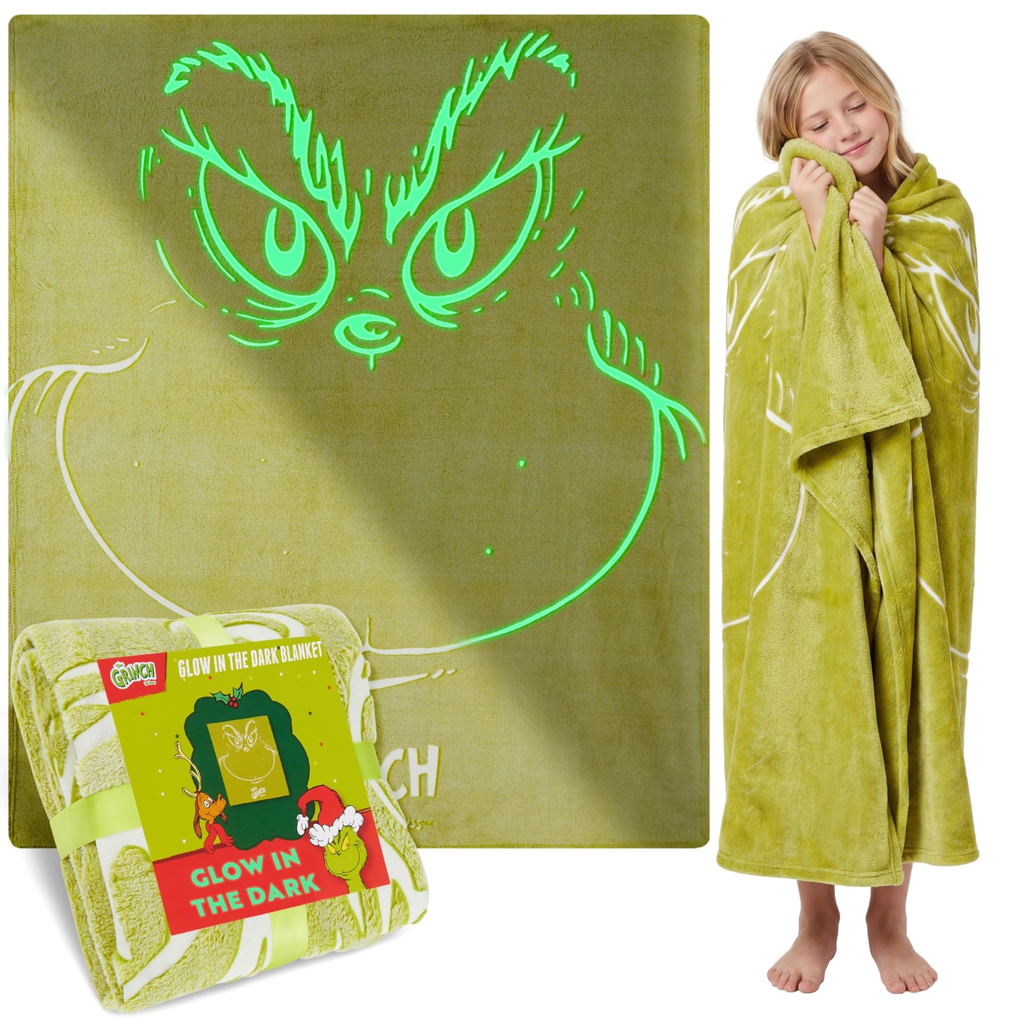 The Grinch Glow in the Dark Throw Blanket 51x59” for Kids Teens Adults, Soft Fleece Blanket for Sofa Bed, Cozy Warm Gifts for Kids (Green Grinch)