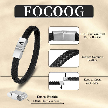 FOCOOG Leather Bracelets for Mens Gifts - Premium Genuine Leather Adjustable Stainless Steel Magnetic Clasp Mens Initial Bracelet, Unique Gifts for Men Husband Dad Son