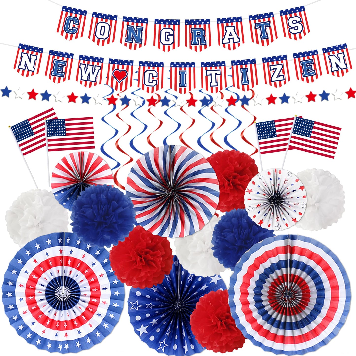 Us Citizenship Party Decorations - 31 Pcs Concrats New Citizen Banner Garland Hanging Swirls Paper Fans Pom Poms Americal Flags Decor Set Oath Ceremonies Patriotic Gift Ideas Supplies