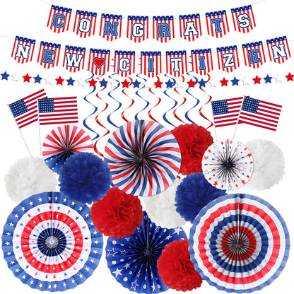 Us Citizenship Party Decorations - 31 Pcs Concrats New Citizen Banner Garland Hanging Swirls Paper Fans Pom Poms Americal Flags Decor Set Oath Ceremonies Patriotic Gift Ideas Supplies