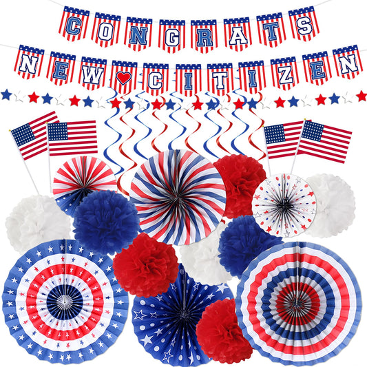 Us Citizenship Party Decorations - 31 Pcs Concrats New Citizen Banner Garland Hanging Swirls Paper Fans Pom Poms Americal Flags Decor Set Oath Ceremonies Patriotic Gift Ideas Supplies