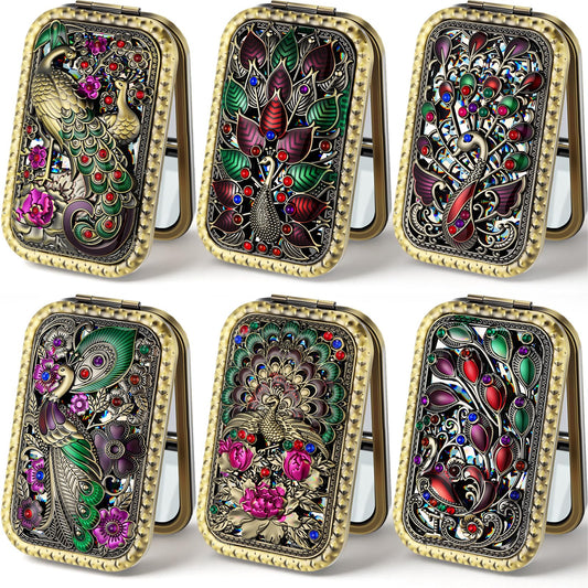 6 pcs Indian Return Gifts for Pooja Vintage Peacock Pattern Cosmetic Makeup Pocket Purse Magnification Jewel Mirror for Diwali Pooja Wedding Housewarming Favor (Bronze)