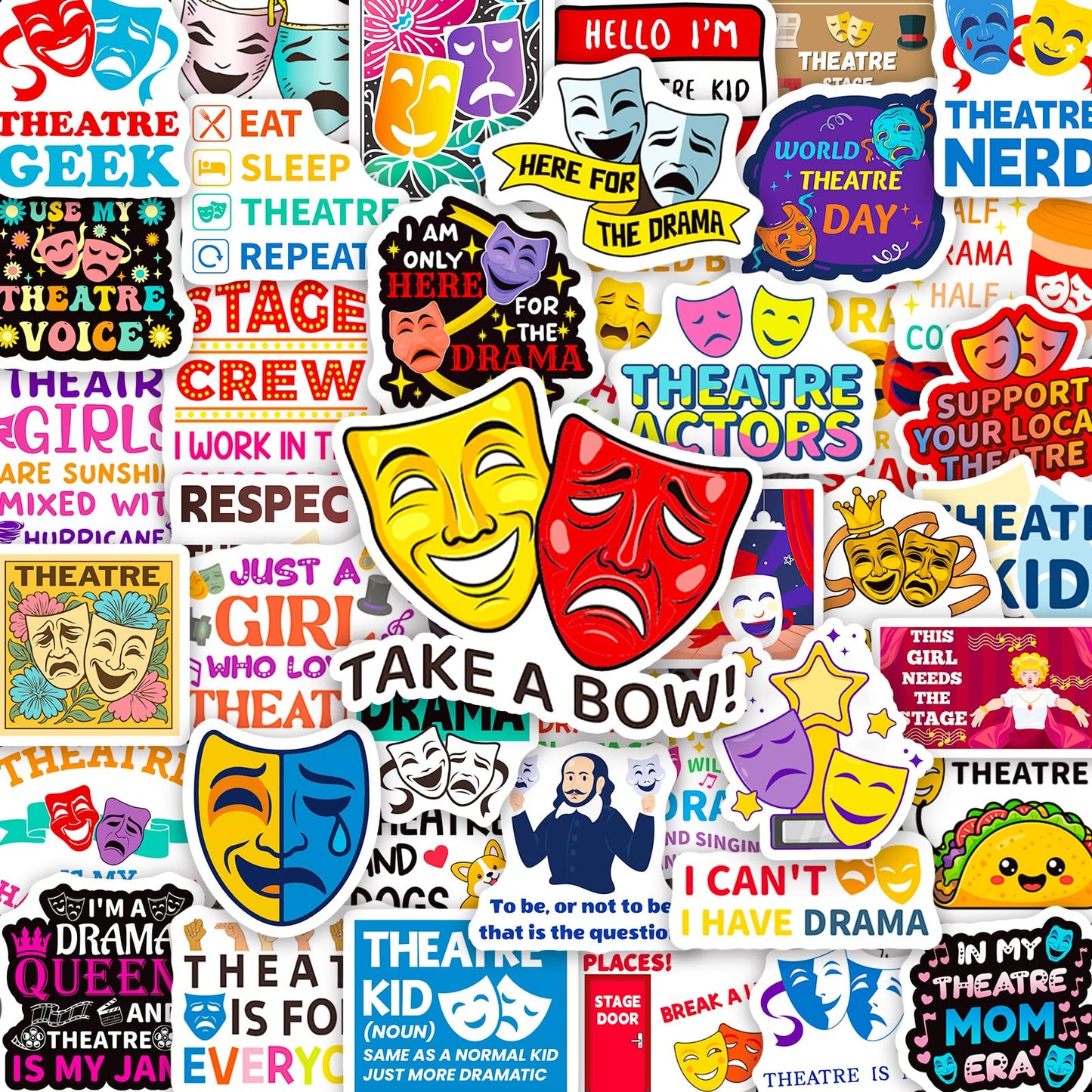 200PCS Theatre Stickers for Laptop, Waterproof Vinyl Drama Stickers for Water Bottle Phone Scrapbook, Musical Theatre Gifts for Kids Teens, Drama Club Party Favors
