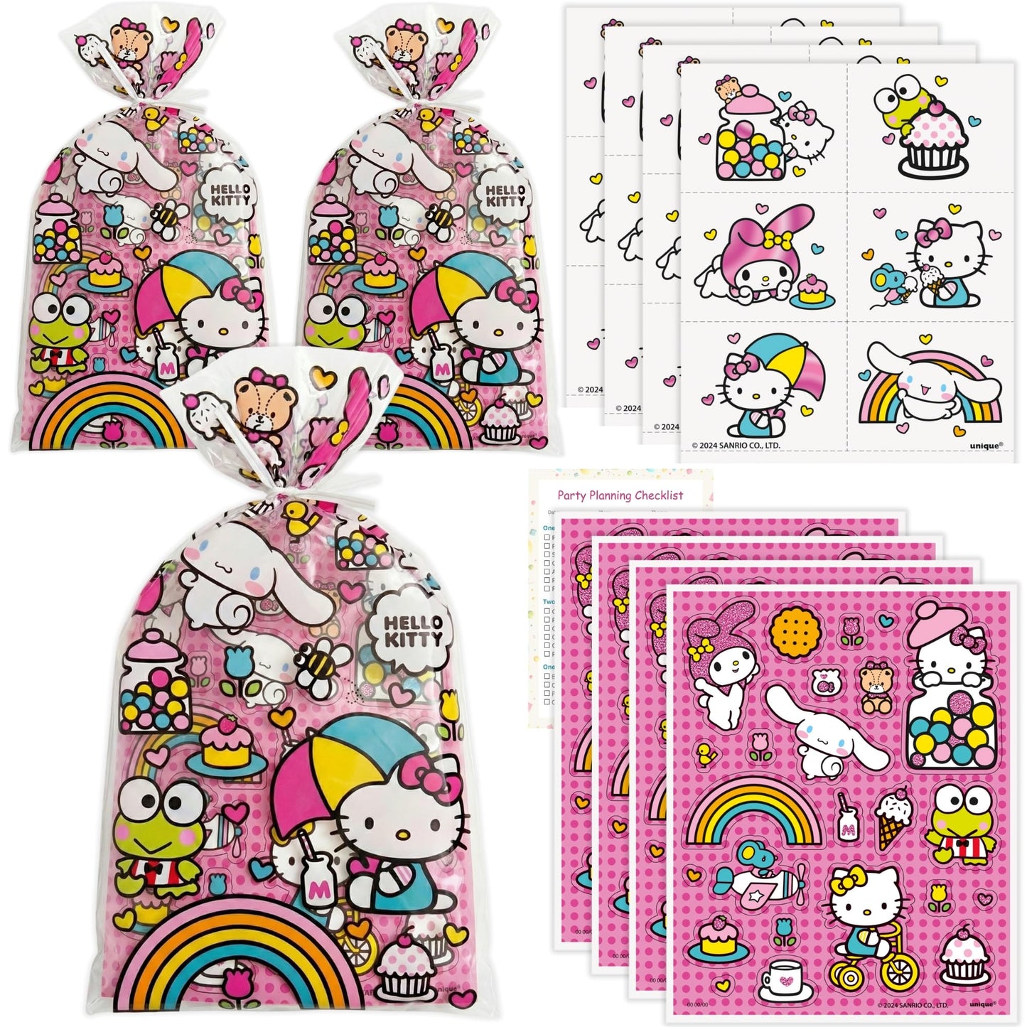 Unique Hello Kitty Party Favors - 16 Goodie Bags with 16 Sticker Sheets, 24 Tattoos, Checklist - Hello Kitty Birthday Decorations - Officially Licensed