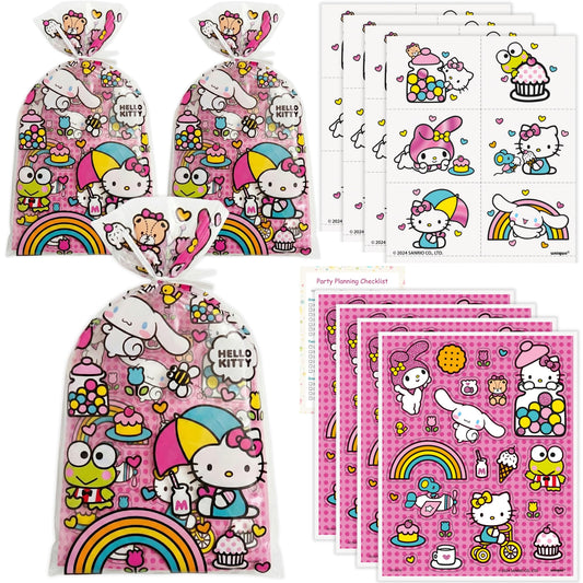 Unique Hello Kitty Party Favors - 16 Goodie Bags with 16 Sticker Sheets, 24 Tattoos, Checklist - Hello Kitty Birthday Decorations - Officially Licensed